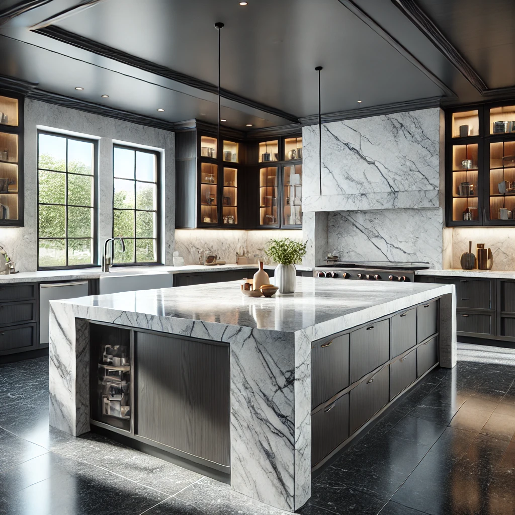 Premium granite kitchen countertop with waterfall edge and marble backsplash – elegant natural stone design for luxury kitchens.