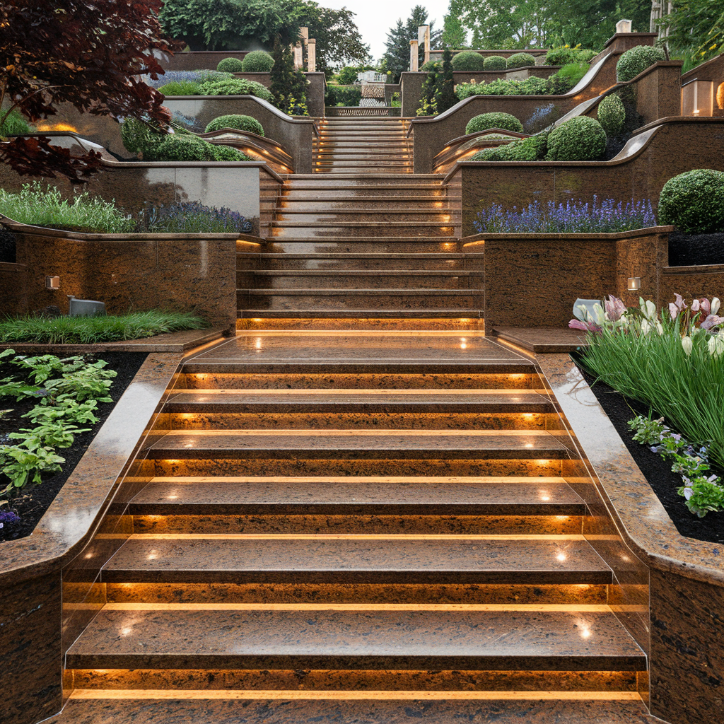 Luxury granite step and riser with LED lighting – premium natural stone staircase for outdoor landscaping."
