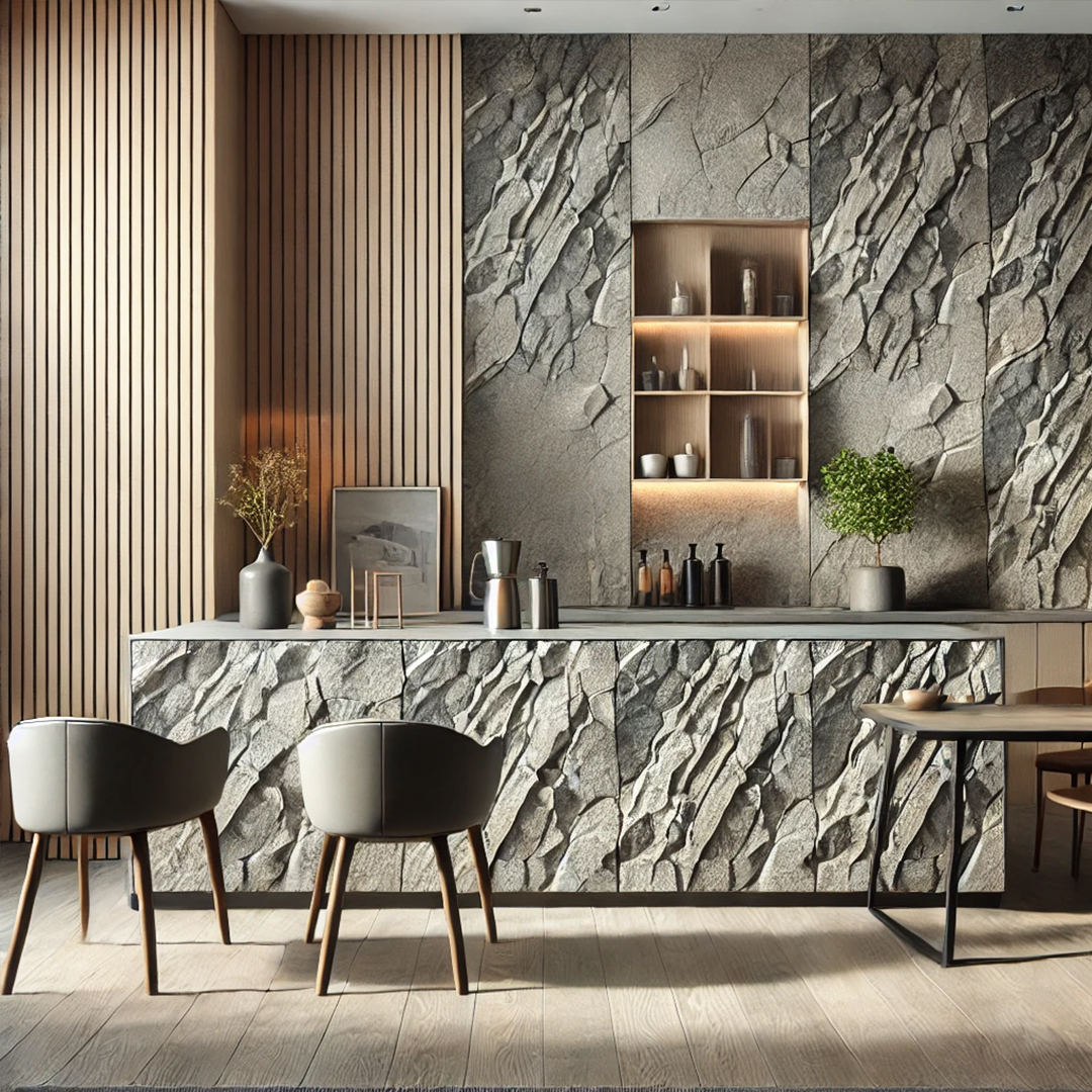 Modern kitchen with textured natural stone wall cladding and cabinets, featuring warm wood paneling and elegant decor.