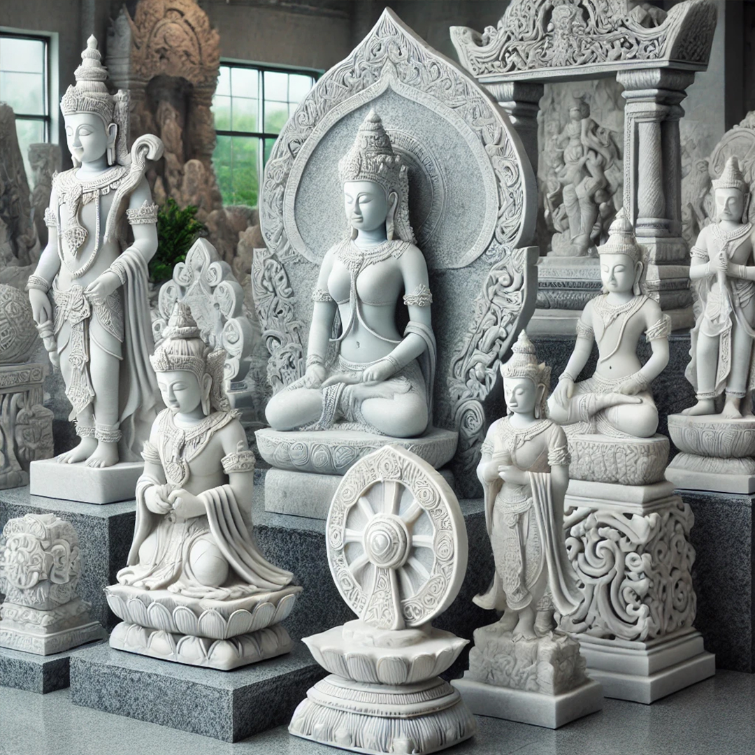 Intricately carved white marble Hindu and Buddhist statues – handcrafted stone sculptures for temples and decor.